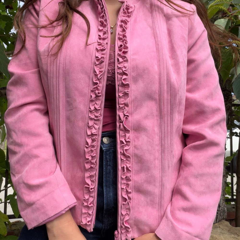 dressbarn Pink Ruffle-Trim Jean Jacket